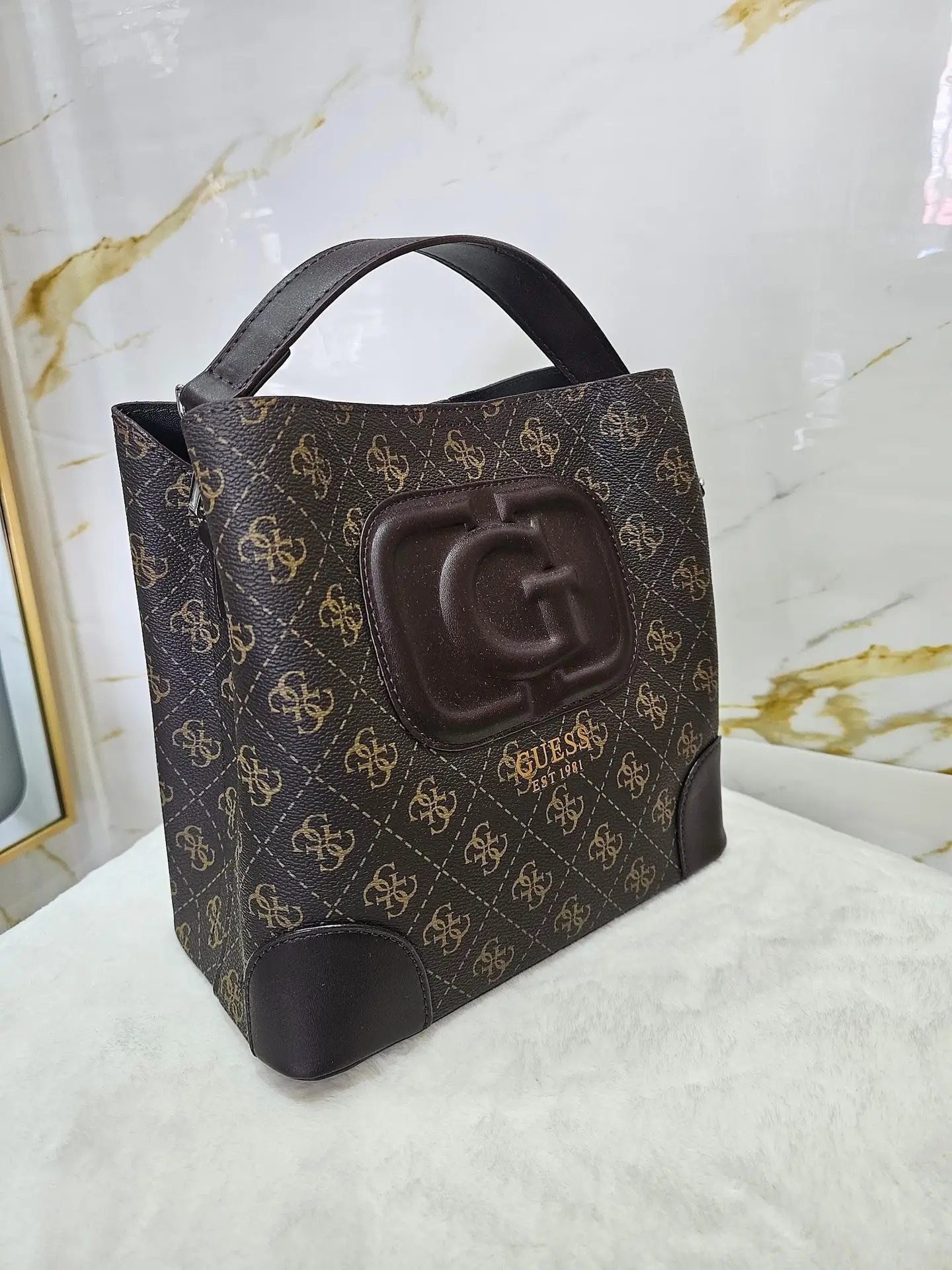 GUESS Signature Cocoa Monogram Bag — Brown