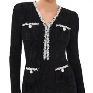 Pearl Reverie Ruffle Knit Mini Dress — Black