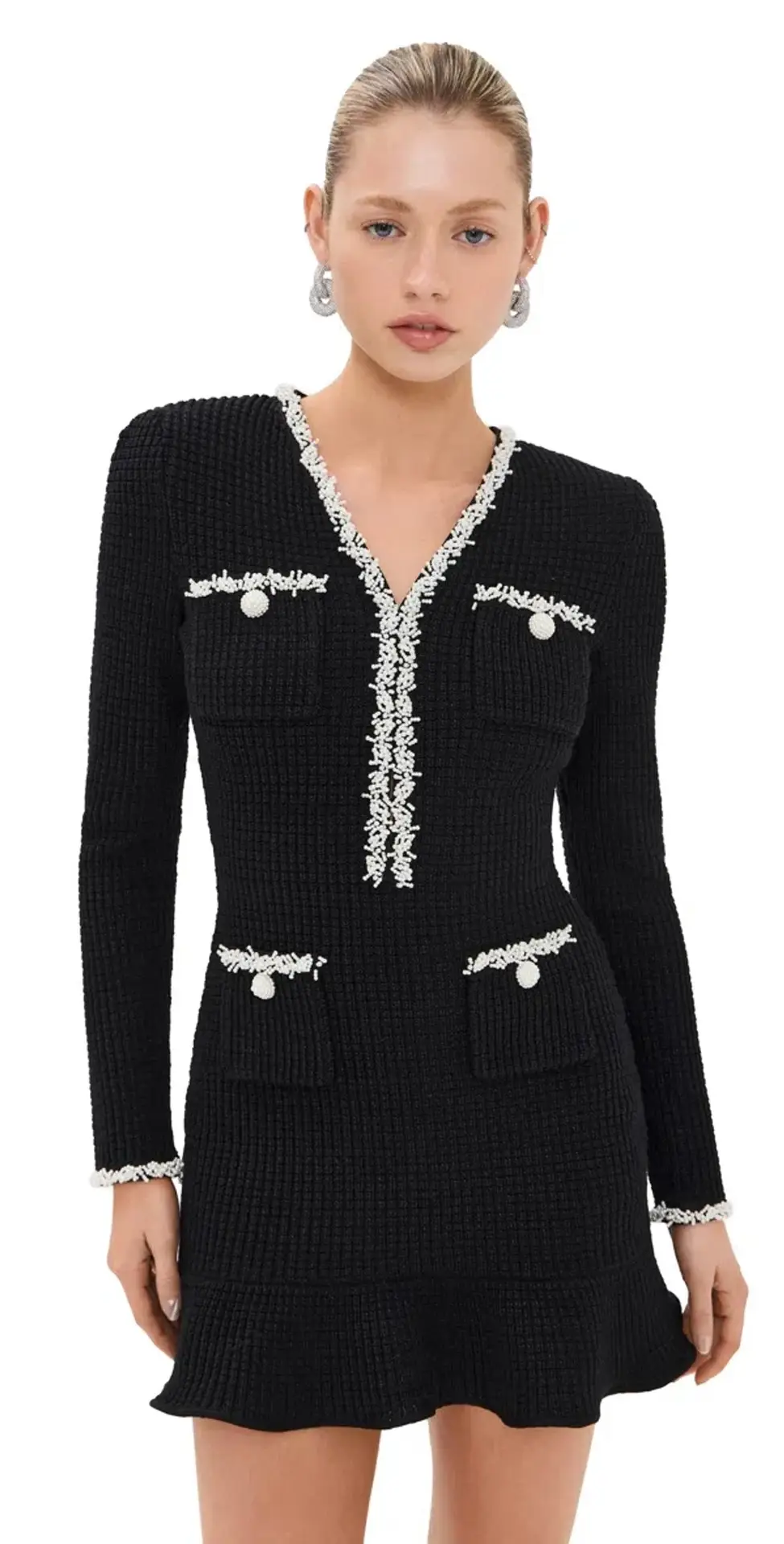 Pearl Reverie Ruffle Knit Mini Dress — Black
