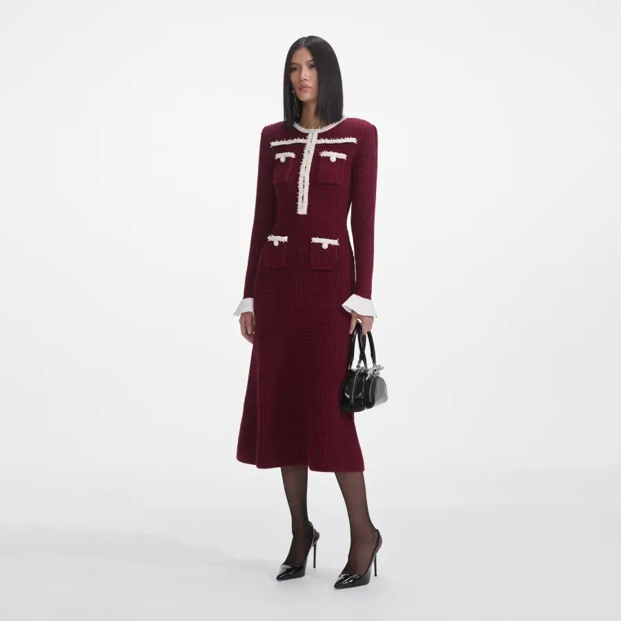 Pearl Reverie Ruffle Knit Mini Dress — Wine