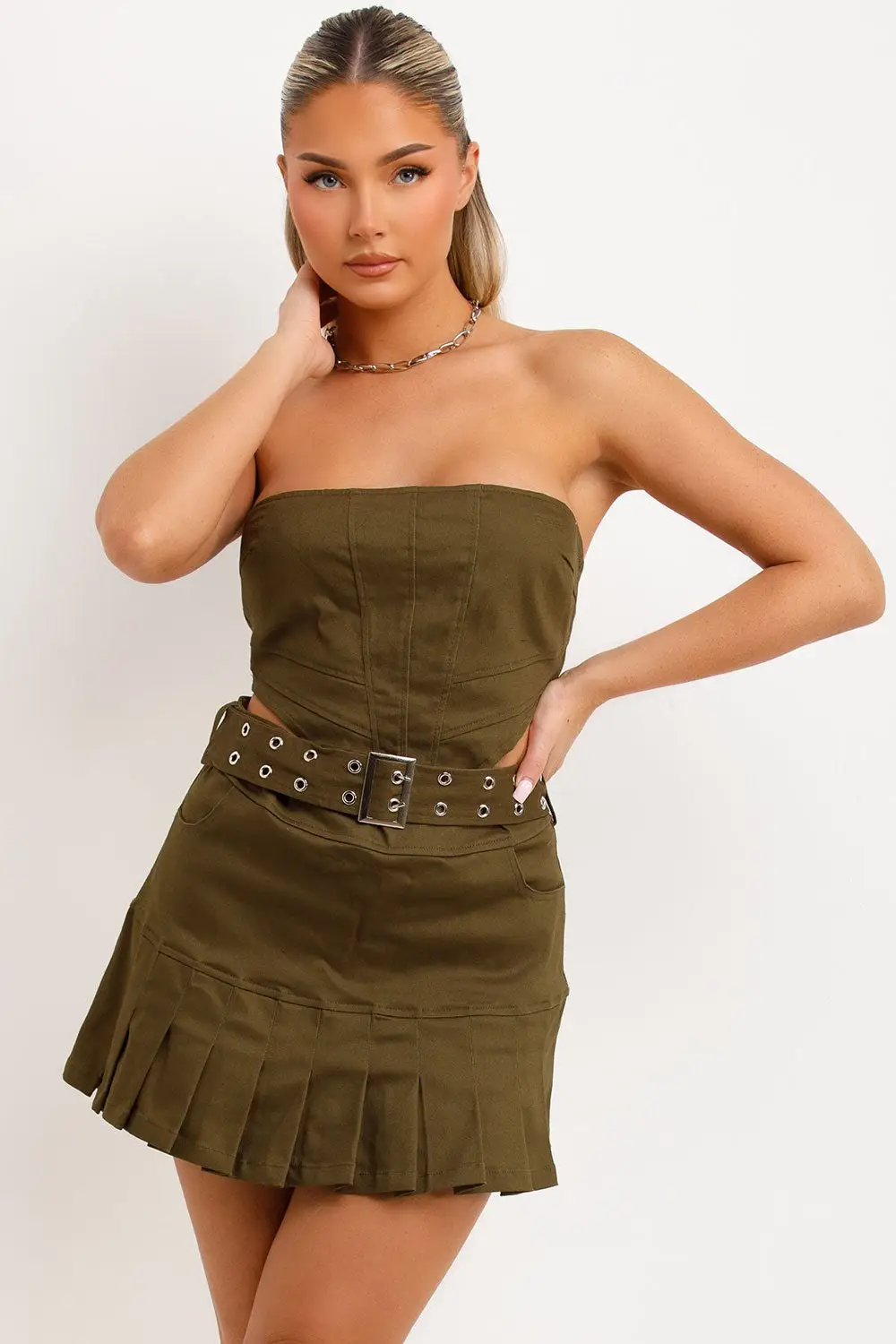 Pleat Play Pleated Skirt Set — Khaki