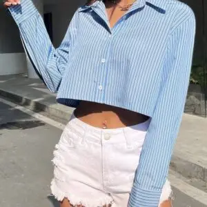 SHEIN Line & Zip Striped Zip-Up Crop Shirt โ Blue And White