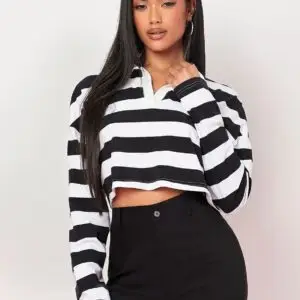 SHEIN Line & Zip Striped Zip-Up Crop Shirt — Black And White
