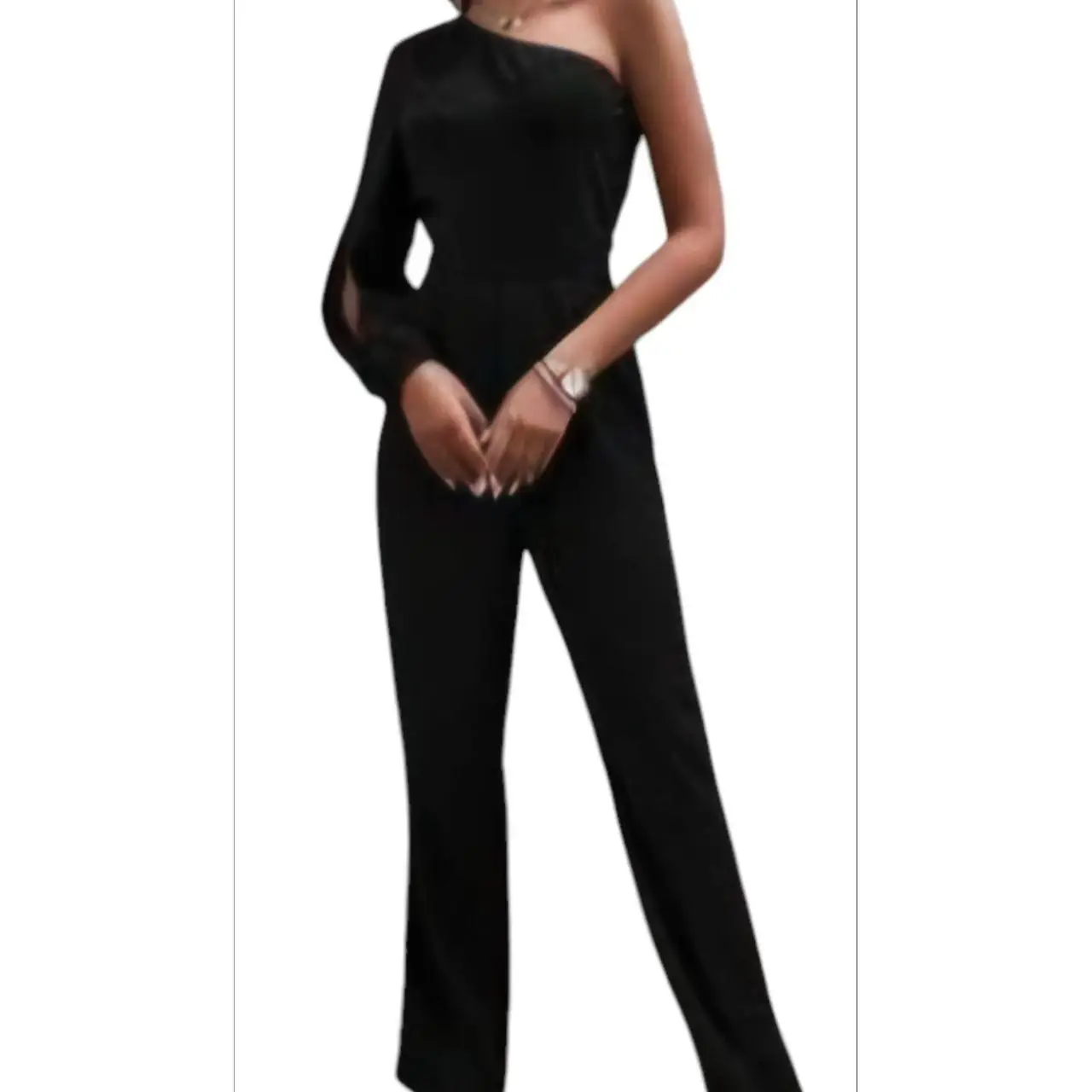 One Side of Midnight One-Shoulder Cutout Jumpsuit — Black